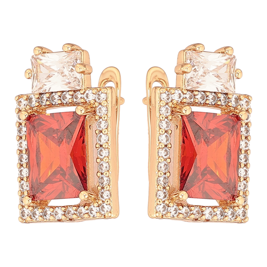 Сережки Xuping Позолота 18K англійський замок «Червоні кристали в обрамленні цирконію» фото №1