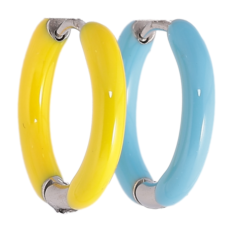 Сережки Xuping TTM Stainless Steel колір Родій колечка «Пофарбовані жовто-блакитною емаллю» ø 20мм, шир. 3мм фото №1