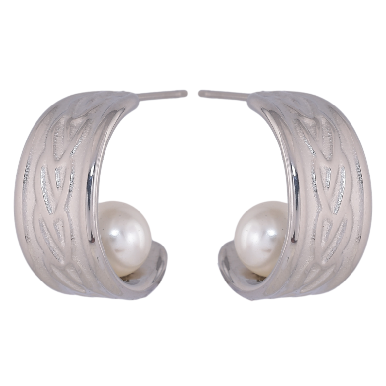 Сережки Xuping TTM Stainless Steel колір Родій пусети «Широкі дуги з візерунком і перлинами» фото №1