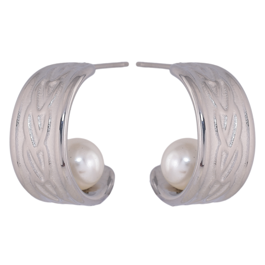 Сережки Xuping TTM Stainless Steel колір Родій пусети «Широкі дуги з візерунком і перлинами» фото №1