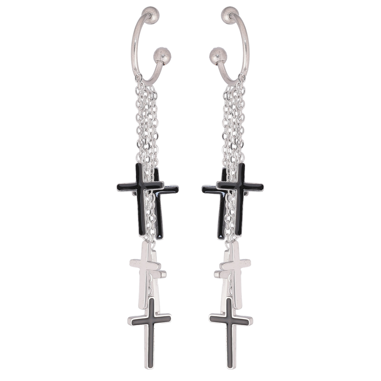Сережки Xuping TTM Stainless Steel колір Родій кафи «Підвіски Хрестики на ланцюжках із чорною емаллю» фото №4