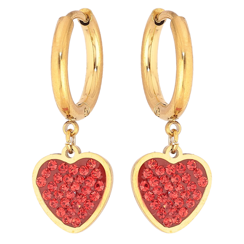 Серьги Xuping TTM Stainless Steel цвет 14К подвески на колечках Красные сердечки с кристаллами фото №1