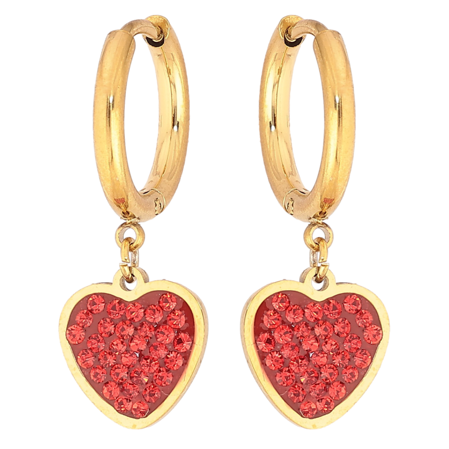 Серьги Xuping TTM Stainless Steel цвет 14К подвески на колечках Красные сердечки с кристаллами фото №1