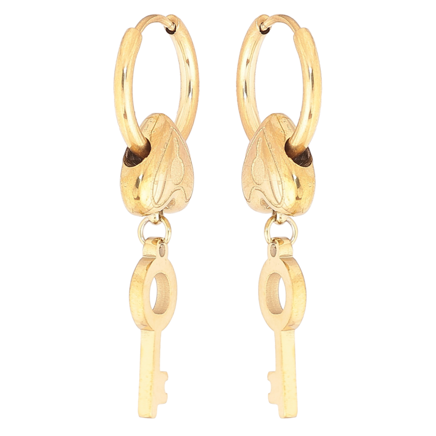 Серьги Xuping TTM Stainless Steel цвет 14К подвески на колечках Сердечки с ключиками 2 в 1 фото №1