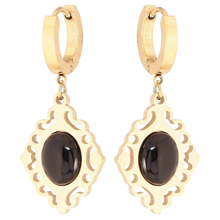 Серьги Xuping TTM Stainless Steel цвет 14К подвески на колечках Резные подвески с черными вставками фото №9