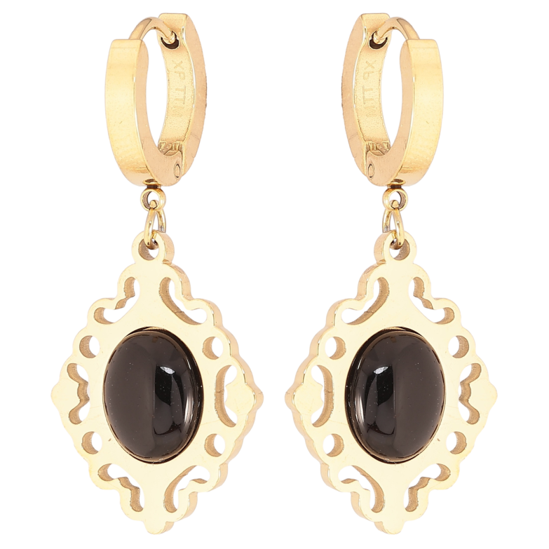 Серьги Xuping TTM Stainless Steel цвет 14К подвески на колечках Резные подвески с черными вставками фото №1