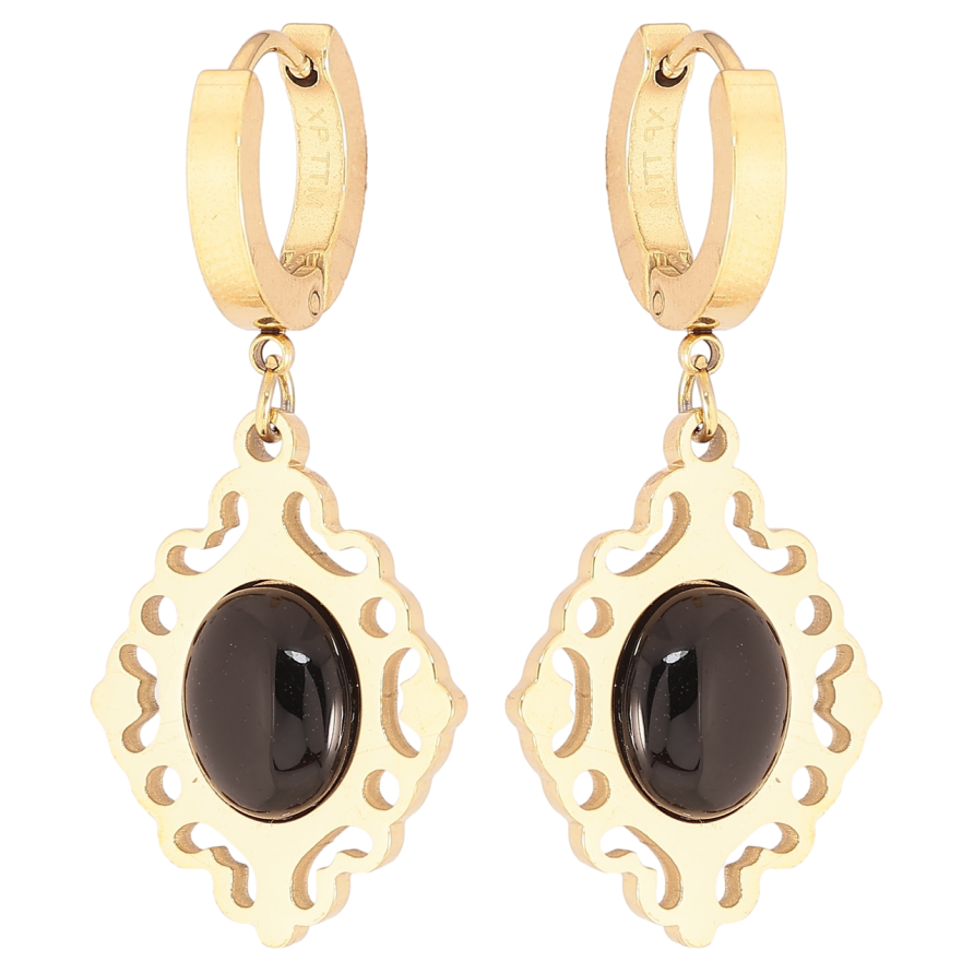 Серьги Xuping TTM Stainless Steel цвет 14К подвески на колечках Резные подвески с черными вставками фото №1