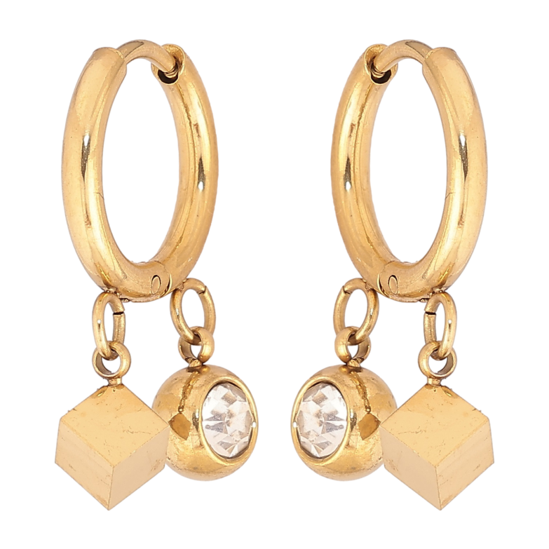 Сережки Xuping TTM Stainless Steel колір 14К підвіски на колечках «Кубики та кульки з кристалами» фото №1