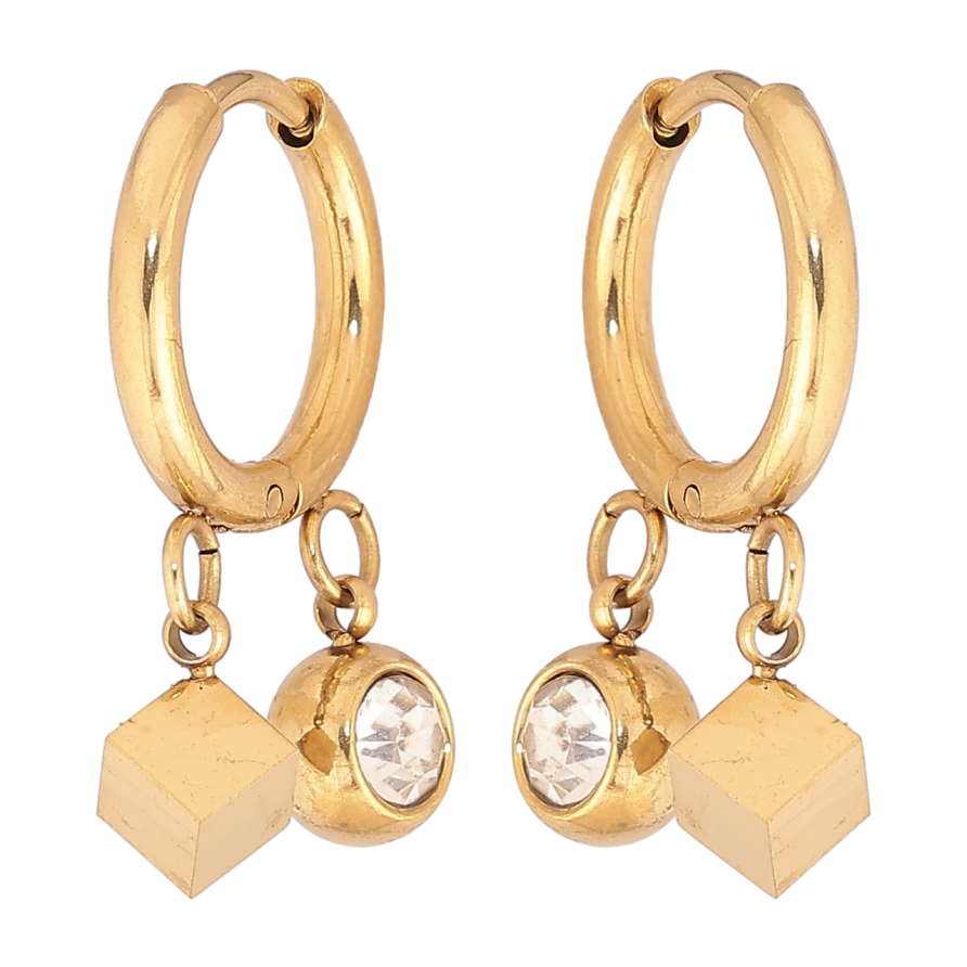 Серьги Xuping TTM Stainless Steel цвет 14К подвески на колечках Кубики и шарики с кристаллами фото №1