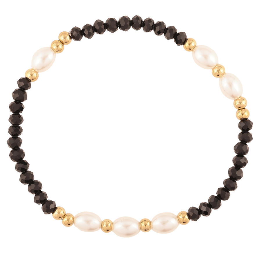 Браслет Xuping ТТМ Stainless Steel колір 14К «Золотисто-чорні та перлинні намистини» на резинці 16-18см х 4мм фото №1