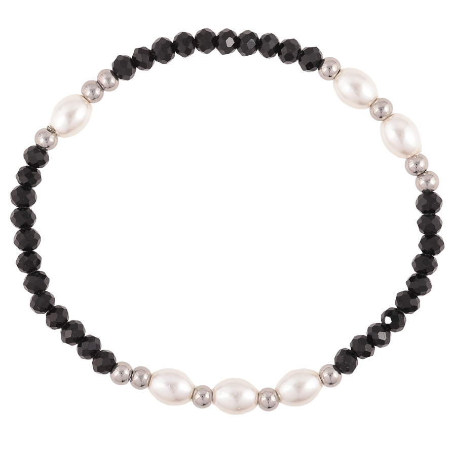 Браслет Xuping ТТМ Stainless Steel колір Родій «Сріблясто-чорні та перлинні намистини» на резинці 16-18см х 4мм фото №1 Браслет Xuping ТТМ Stainless Steel колір Родій «Сріблясто-чорні та перлинні намистини» на резинці 16-18см х 4мм фото №1