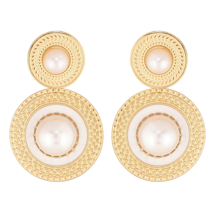 Сережки Xuping TTM Stainless Steel колір 14К пусети «Круглі підвіски з перловими намистинами та білою емаллю» фото №13