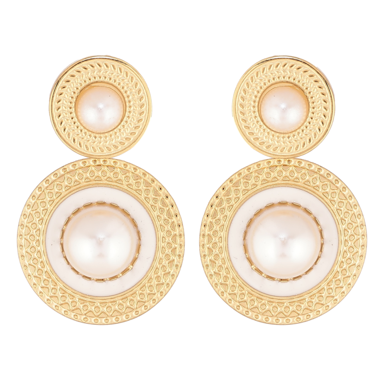 Сережки Xuping TTM Stainless Steel колір 14К пусети «Круглі підвіски з перловими намистинами та білою емаллю» фото №1