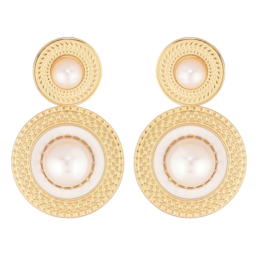 Сережки Xuping TTM Stainless Steel колір 14К пусети «Круглі підвіски з перловими намистинами та білою емаллю» фото №1