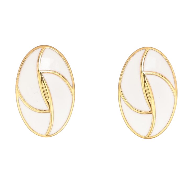 Сережки Xuping TTM Stainless Steel колір 14К пусети «Овали з візерунком білою емаллю» фото №5