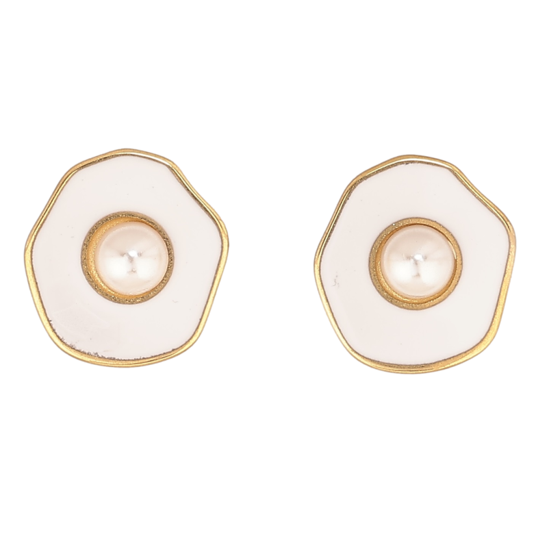 Сережки Xuping TTM Stainless Steel колір 14К пусети «Візерунок з білою емаллю і перловими намистинками» фото №1