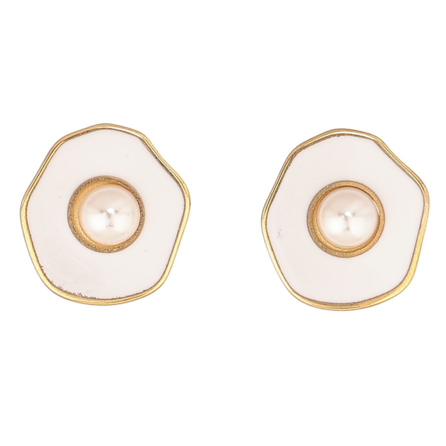 Серьги Xuping TTM Stainless Steel цвет 14К пусеты Узор с белой эмалью и жемчужными бусинками фото №1