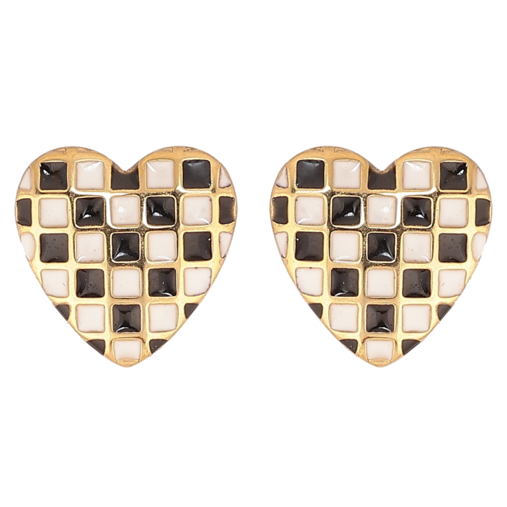 Сережки Xuping TTM Stainless Steel колір 14К пусети «Сердечка з шаховим візерунком чорно-білою емаллю» фото №20