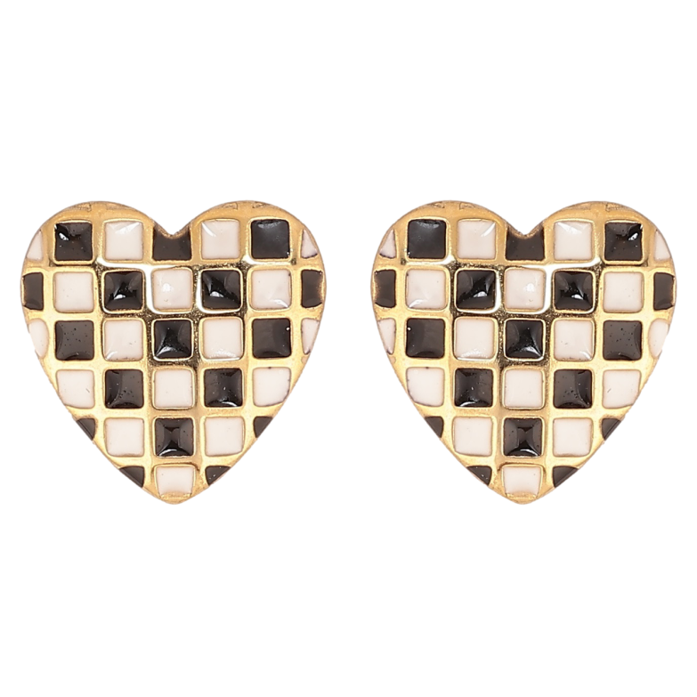 Сережки Xuping TTM Stainless Steel колір 14К пусети «Сердечка з шаховим візерунком чорно-білою емаллю» фото №1