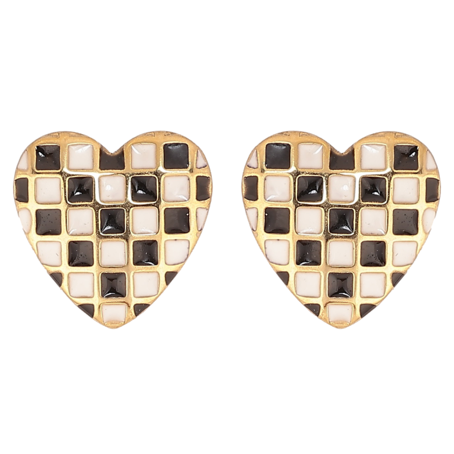 Сережки Xuping TTM Stainless Steel колір 14К пусети «Сердечка з шаховим візерунком чорно-білою емаллю» фото №1