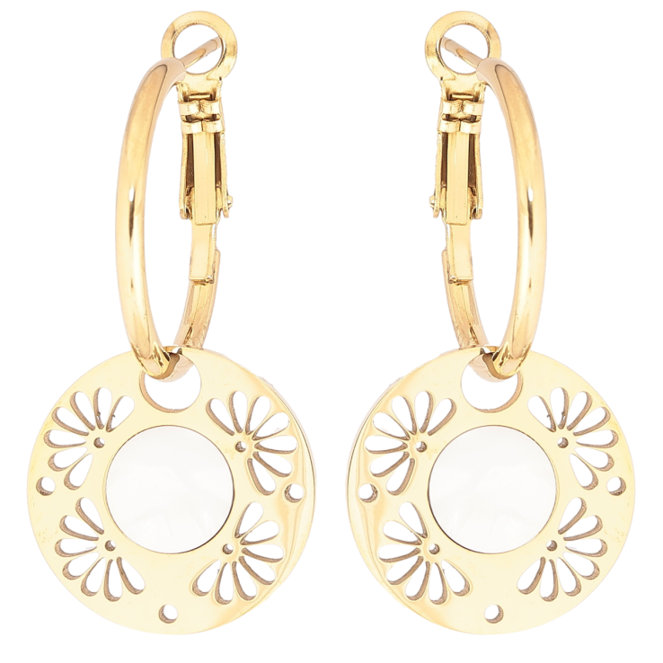 Серьги Xuping TTM Stainless Steel цвет 14К итальянский замок Круги с цветочным узором и перламутром 2 в 1 фото №10