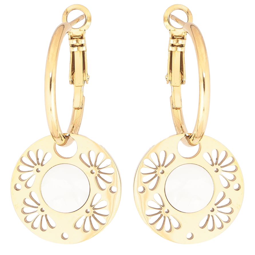 Серьги Xuping TTM Stainless Steel цвет 14К итальянский замок Круги с цветочным узором и перламутром 2 в 1 фото №1