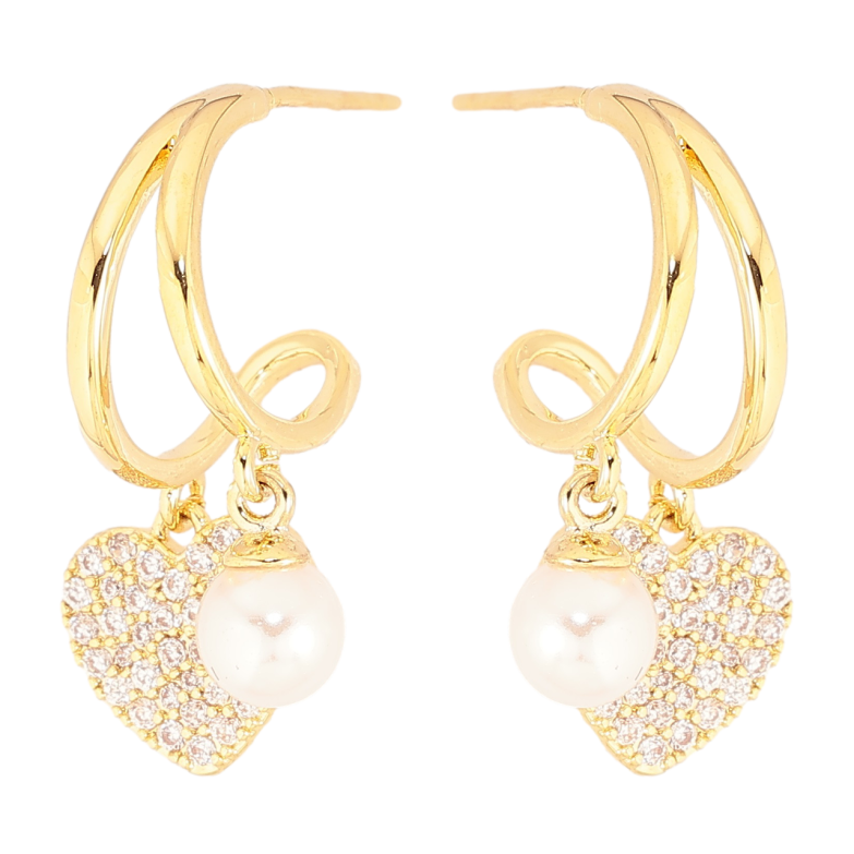 Серьги Xuping Позолота 14K пусеты Дуги с сердечками и жемчужинами фото №1