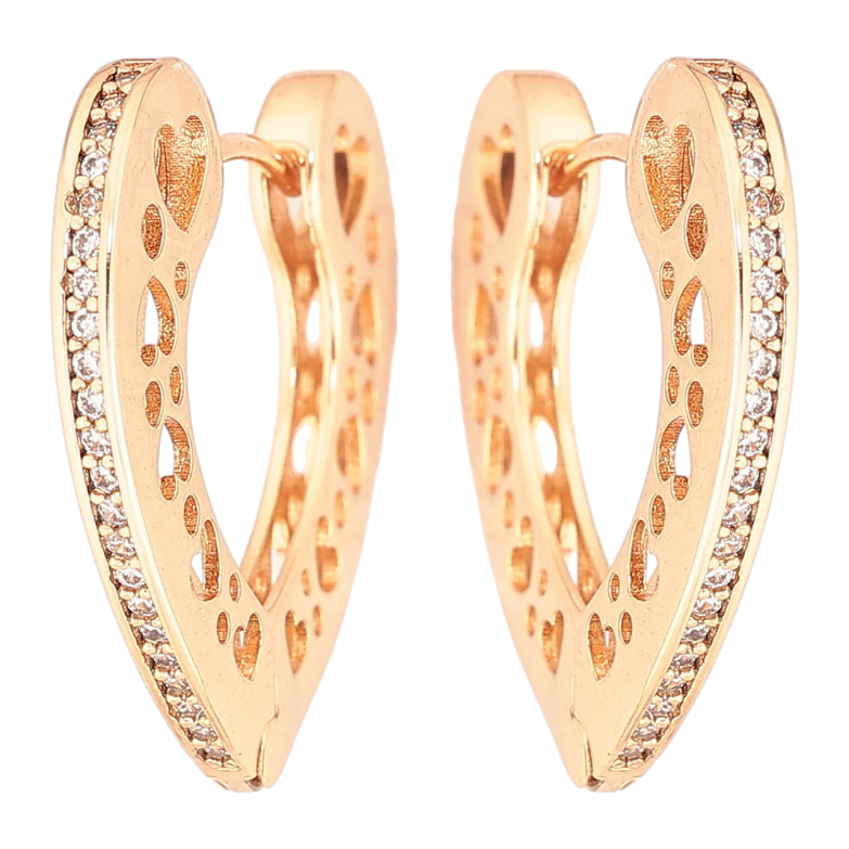 Серьги Xuping Позолота 18K колечки Сердечки с резным боковым узором и дорожками кристаллов фото №1