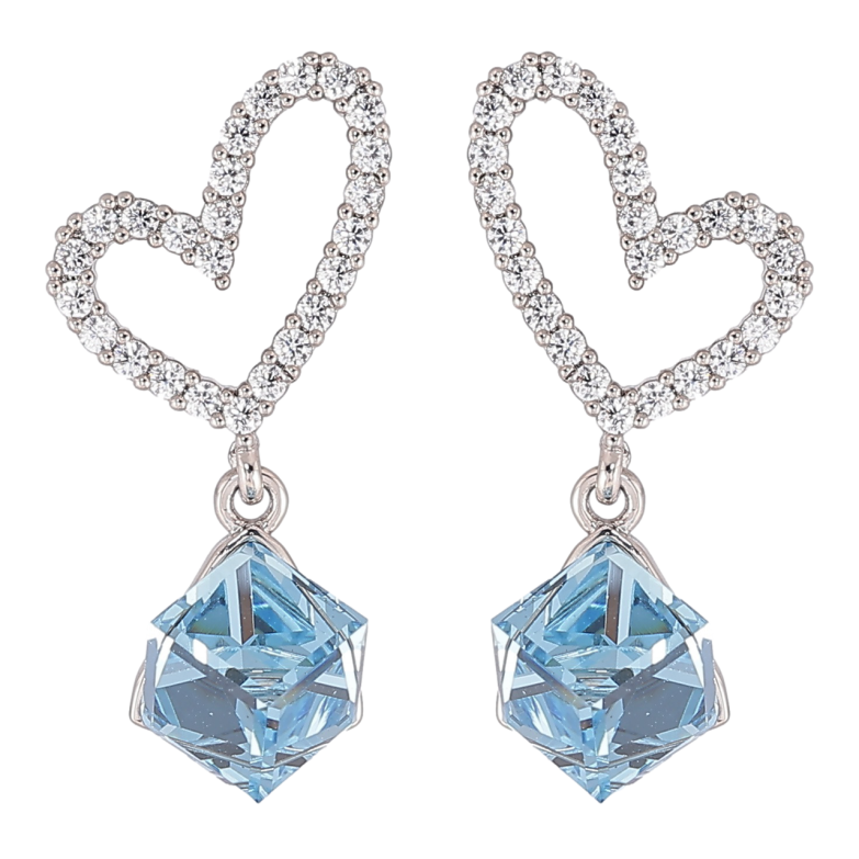 Серьги Xuping цвет Родий с кристаллами Swarovski пусеты Сердечки с кубиками Aquamarine фото №1