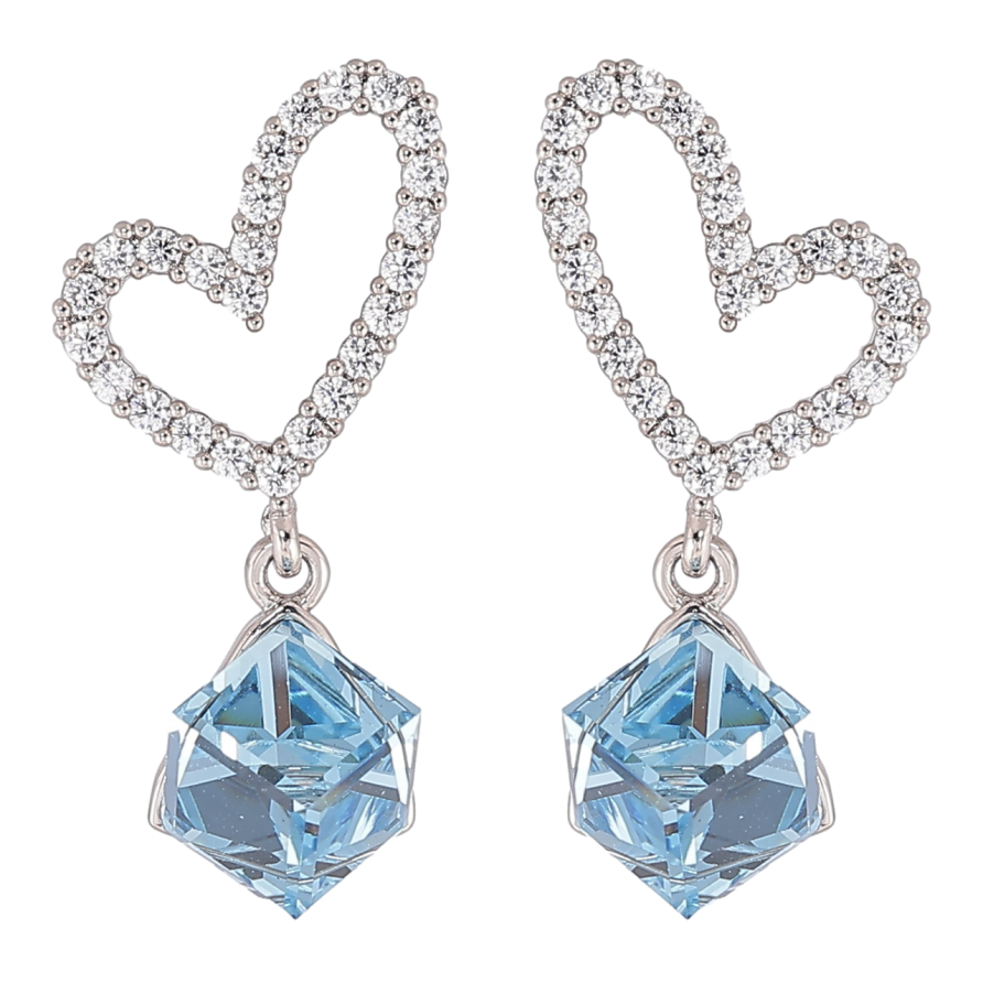 Сережки Xuping колір Родій з кристалами Swarovski пусети «Сердечка з кубиками Aquamarine» фото №1