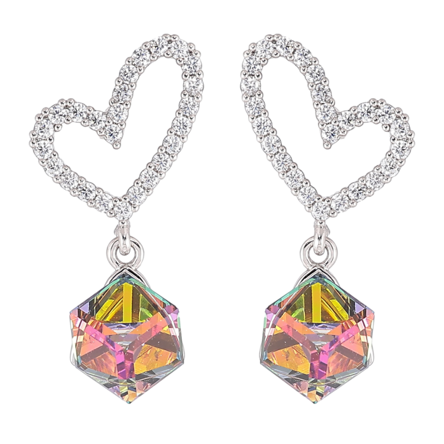 Сережки Xuping колір Родій з кристалами Swarovski пусети «Сердечка з кубиками Vitrail Medium» фото №1