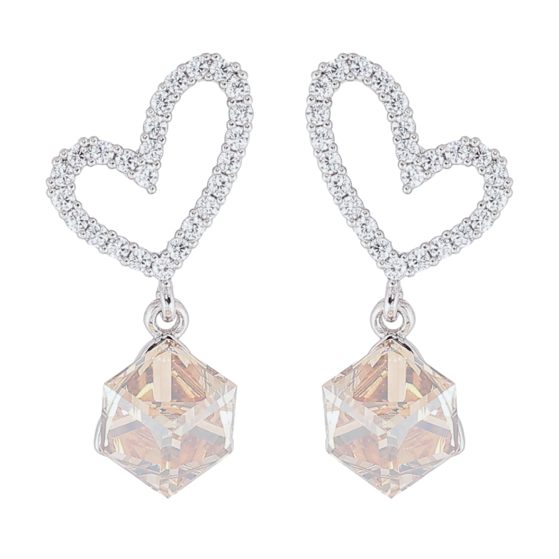 Сережки Xuping колір Родій з кристалами Swarovski пусети «Сердечка з кубиками Rose Patina» фото №1