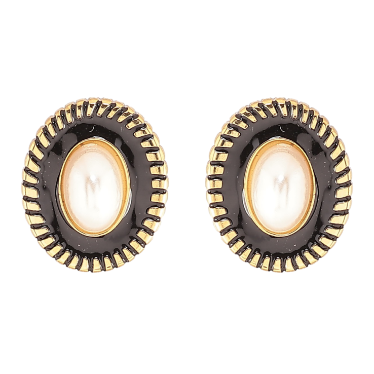 Сережки Xuping TTM Stainless Steel колір 14К пусети «Овали з візерунком чорною емаллю і перловими вставками» фото №4