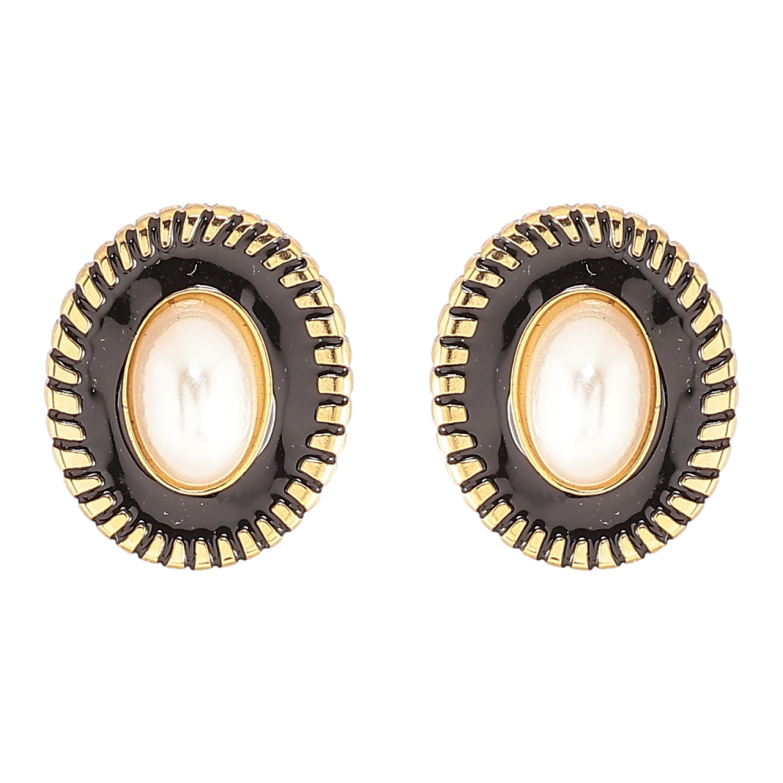 Сережки Xuping TTM Stainless Steel колір 14К пусети «Овали з візерунком чорною емаллю і перловими вставками» фото №1