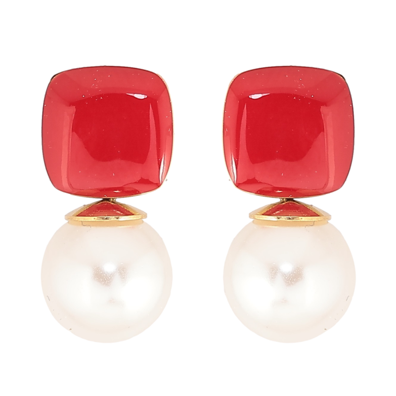 Серьги Xuping TTM Stainless Steel цвет 14К пусеты Красная эмаль с жемчужинами фото №1