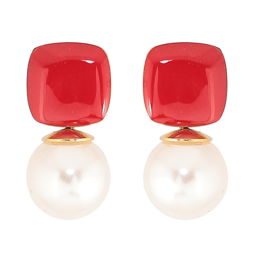 Серьги Xuping TTM Stainless Steel цвет 14К пусеты Красная эмаль с жемчужинами фото №1