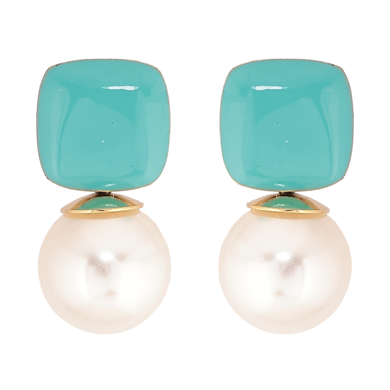 Серьги Xuping TTM Stainless Steel цвет 14К пусеты Бирюзовая эмаль с жемчужинами фото №3