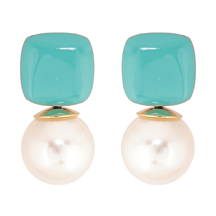 Сережки Xuping TTM Stainless Steel колір 14К пусети «Бірюзова емаль з перлинами» фото №1