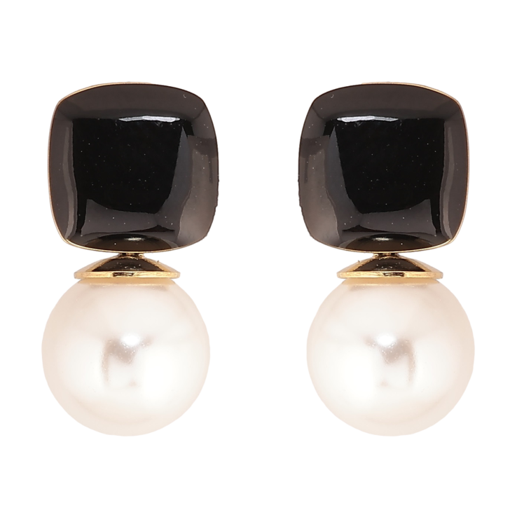 Сережки Xuping TTM Stainless Steel колір 14К пусети «Чорна емаль з перлинами» фото №5