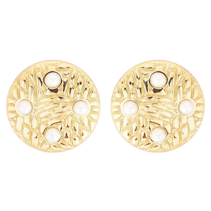 Сережки Xuping TTM Stainless Steel колір 14К пусети «Кола з декоративним візерунком і перлинами» фото №16