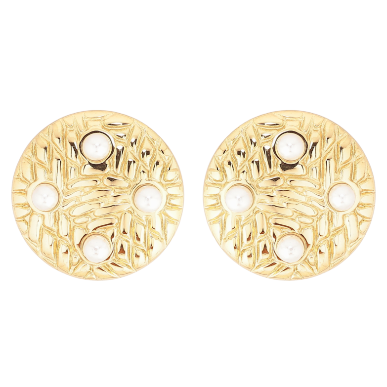 Сережки Xuping TTM Stainless Steel колір 14К пусети «Кола з декоративним візерунком і перлинами» фото №1