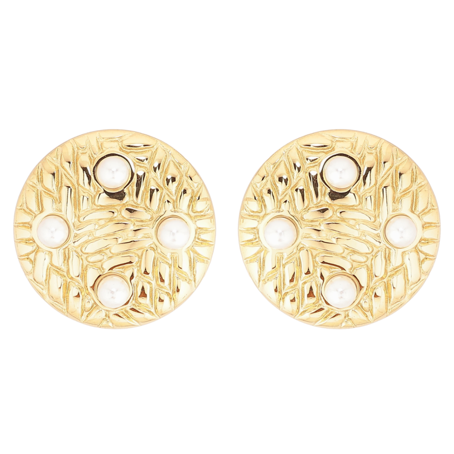 Сережки Xuping TTM Stainless Steel колір 14К пусети «Кола з декоративним візерунком і перлинами» фото №1