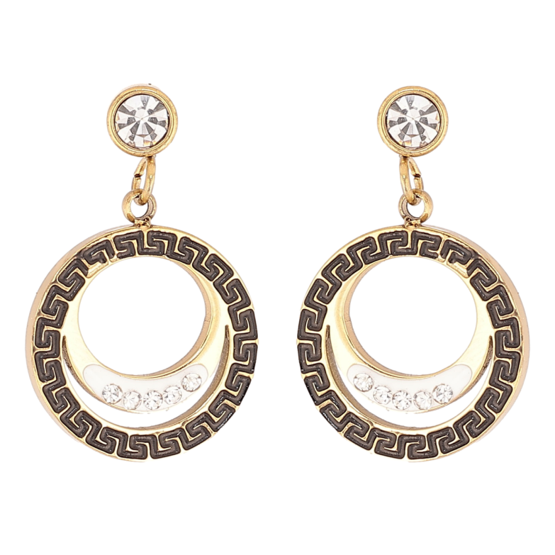 Сережки Xuping TTM Stainless Steel колір 14К пусети «Круглі підвіски з грецьким візерунком чорною емаллю» фото №1