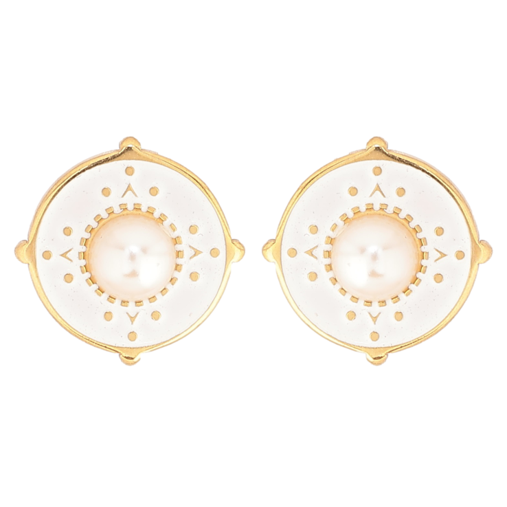 Сережки Xuping TTM Stainless Steel колір 14К пусети «Кола з білою емаллю та перлинними вставками» фото №18