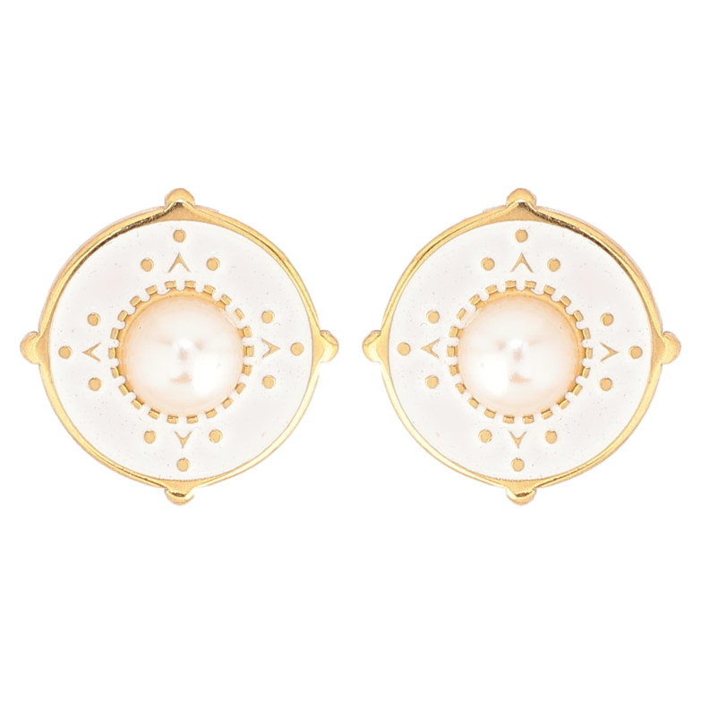 Сережки Xuping TTM Stainless Steel колір 14К пусети «Кола з білою емаллю та перлинними вставками» фото №2