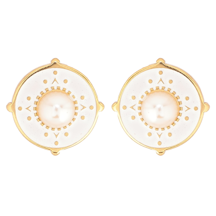 Сережки Xuping TTM Stainless Steel колір 14К пусети «Кола з білою емаллю та перлинними вставками» фото №1