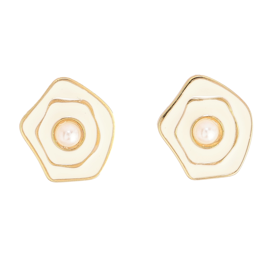 Сережки Xuping TTM Stainless Steel колір 14К пусети «Декоративний візерунок з білою емаллю і перловими вставками» фото №1