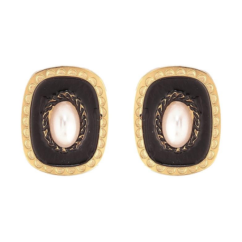 Серьги Xuping TTM Stainless Steel цвет 14К пусеты Узор черной эмалью и жемчужными вставками фото №7