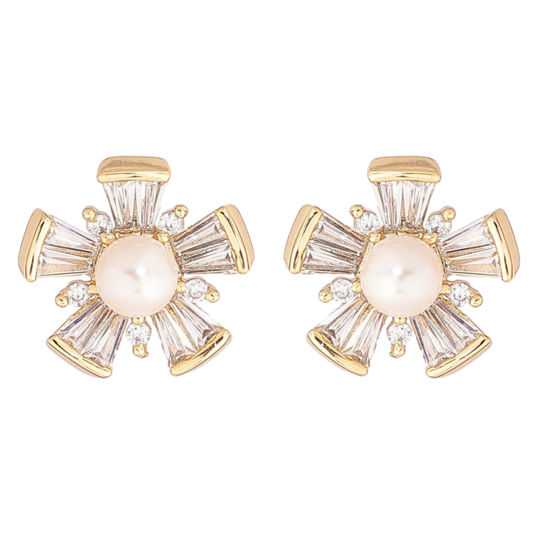 Сережки Xuping Позолота 14K пусети «Кришталеві квіточки з перлинами» фото №1