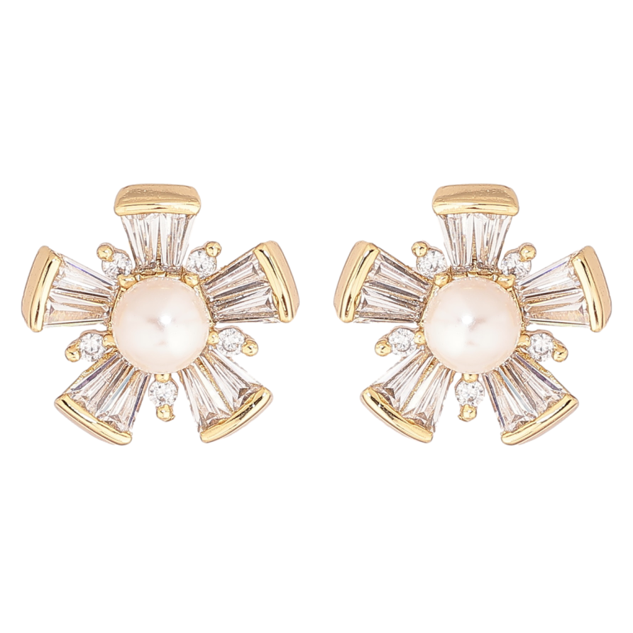 Серьги Xuping Позолота 14K пусеты Кристальные цветочки с жемчужинами фото №1